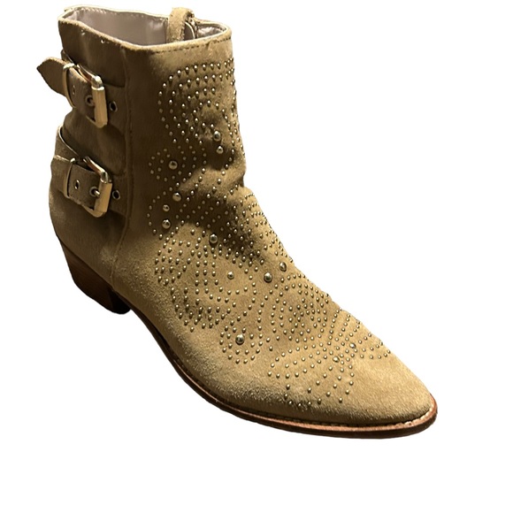 ZARA Tan Suede Gold Studded Point Toe Side Zip Double Buckle Bootie-Size 7.5 - Picture 5 of 16